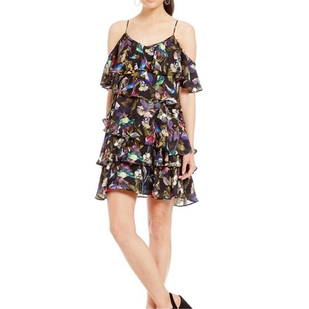 Gianni Bini Cesa Tiered Ruffle Cold Shoulder Shift Mini Dress sz S